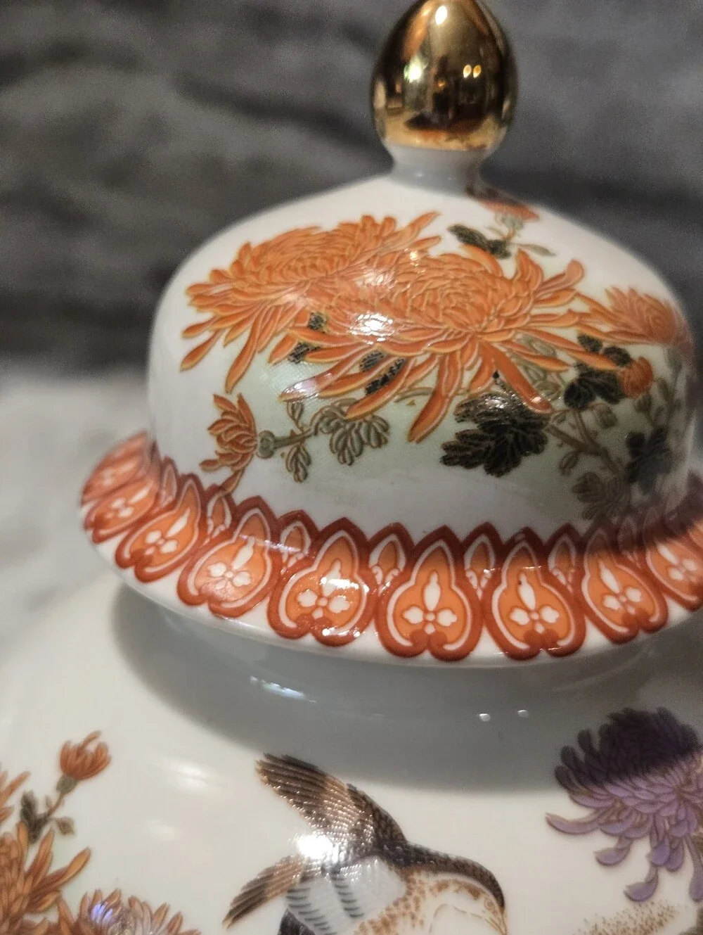 Hand-Painted Orange & Lavender Floral Ginger Jar with Gold-Tipped Lid